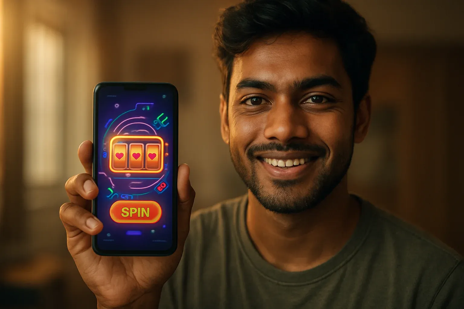 Young Bangladeshi man holding smartphone showing colorful mobile casino app interface