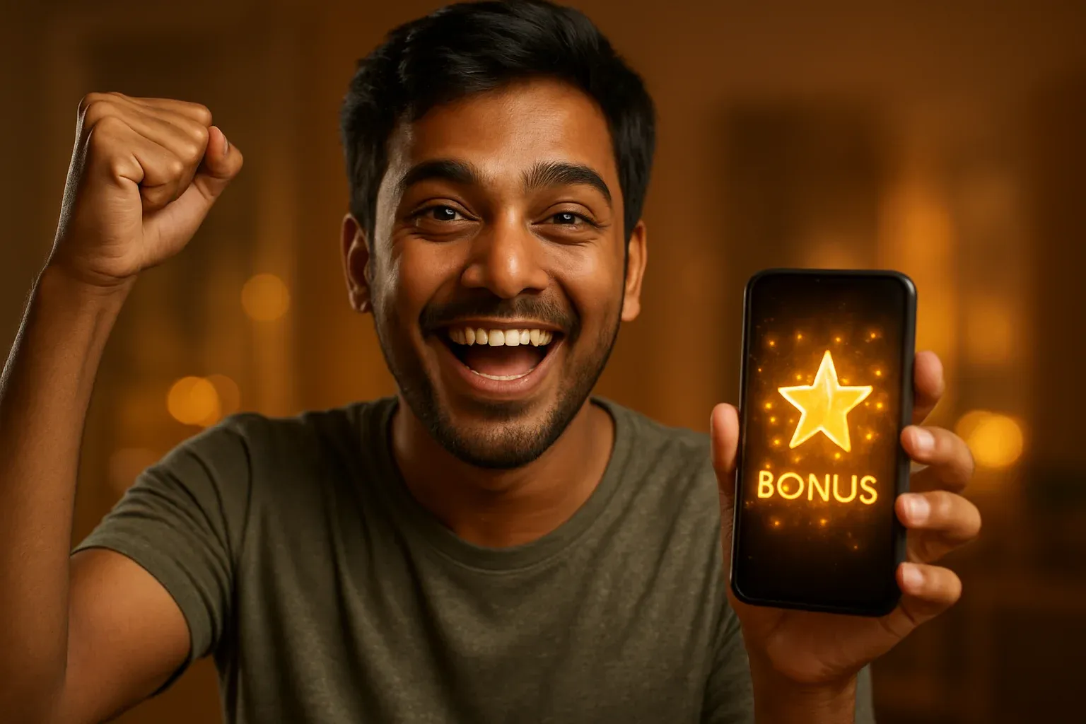 Joyful Bangladeshi man holding smartphone with glowing bonus notification screen