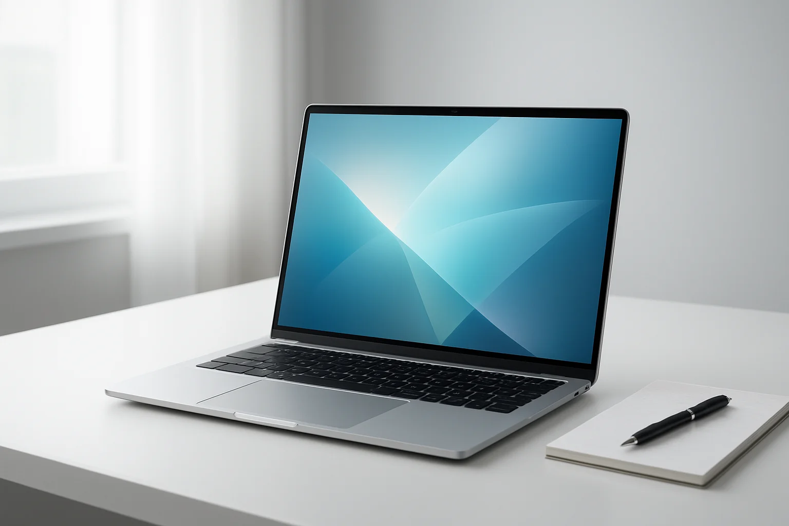 Modern laptop on white desk with abstract glowing screen