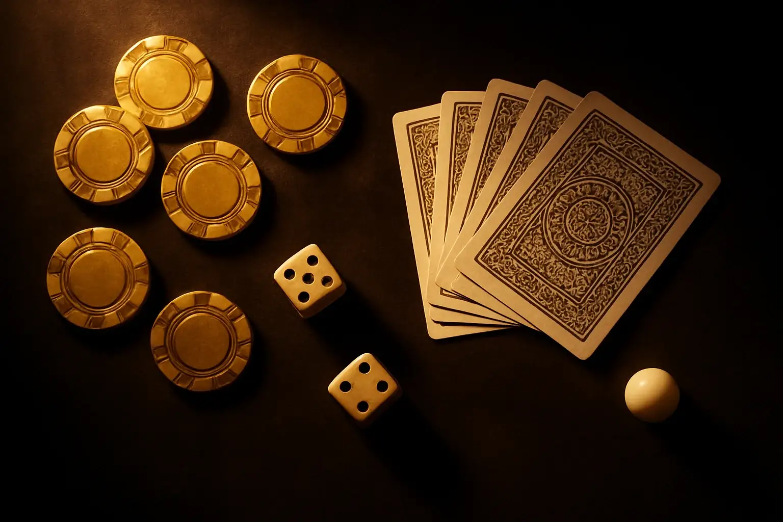 Top-down casino scene with chips, cards, dice, and roulette ball