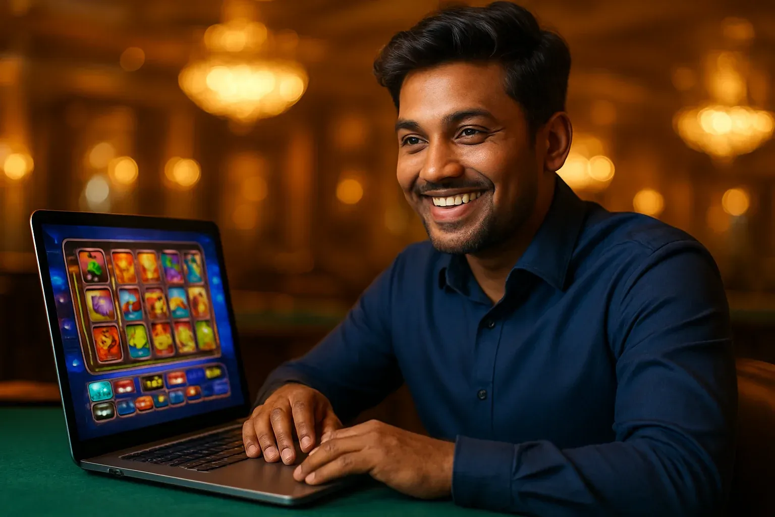 Cheerful Bangladeshi man with open laptop in premium casino lounge