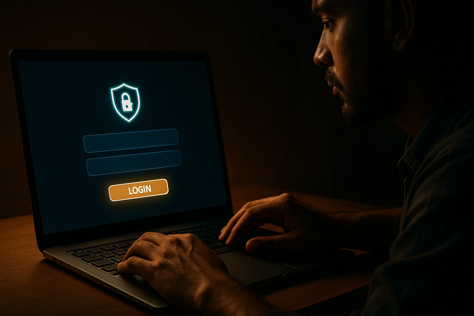 Bangladeshi man's hands on laptop showing stylized login form