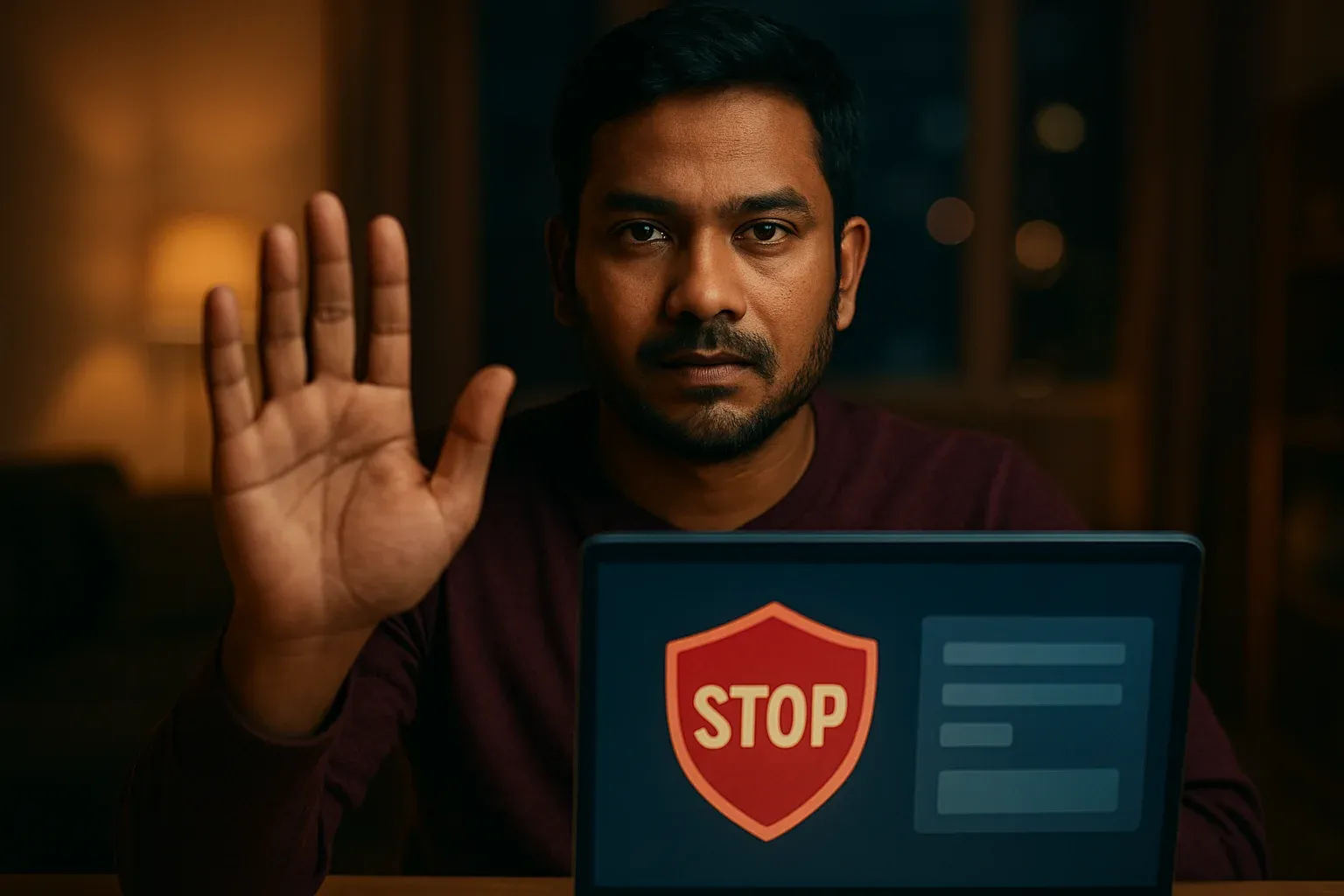 Bangladeshi man shows stop gesture beside laptop with responsible gambling controls