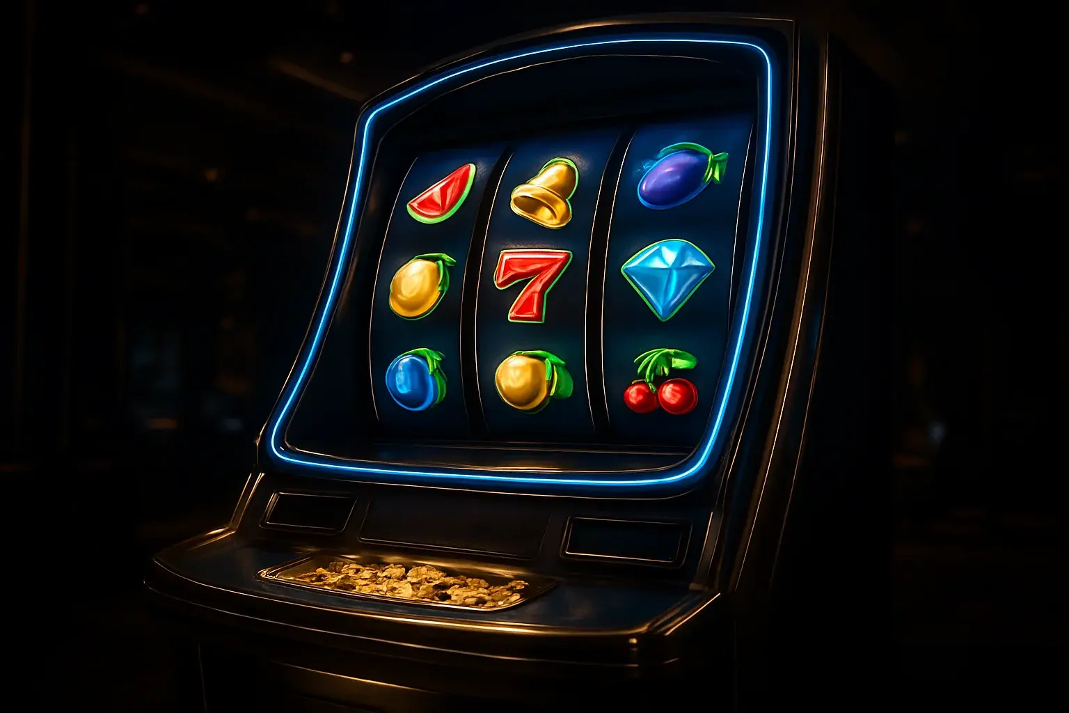 Hyperrealistic premium slot machine with three vertical reels in luxury casino